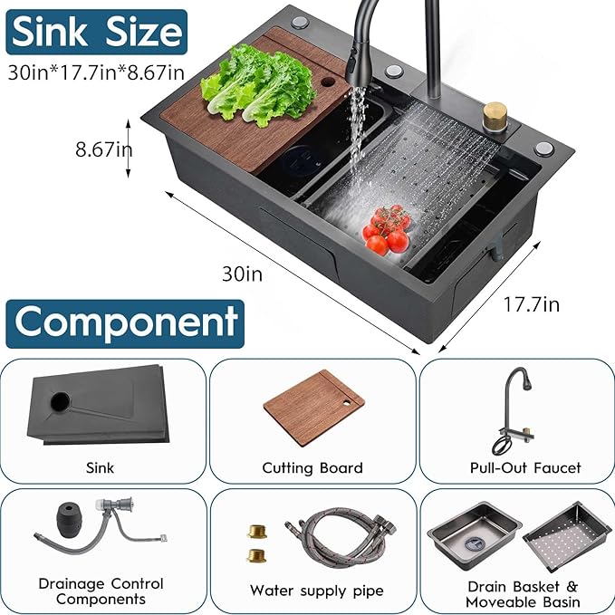 30" Black Drop In Waterfall Kitchen Sink Workstation Single Bowl Stainless Steel Honeycomb Waterfall Sink Modern and Highly Durable Multifunctional Top Mount Kitchen Sinks with Pull-Down Faucet