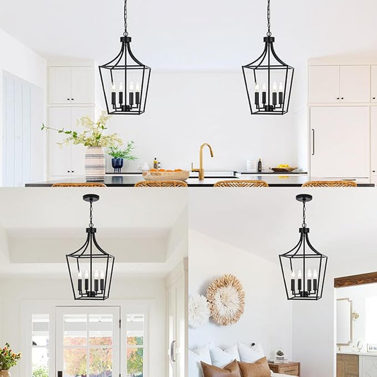4-Light Farmhouse Lantern Chandelier, Black Pendant Light Fixture Adjustable Height for Kitchen Island Dining Room Foyer, Hanging Ceiling Lighting E12 Bulb Base