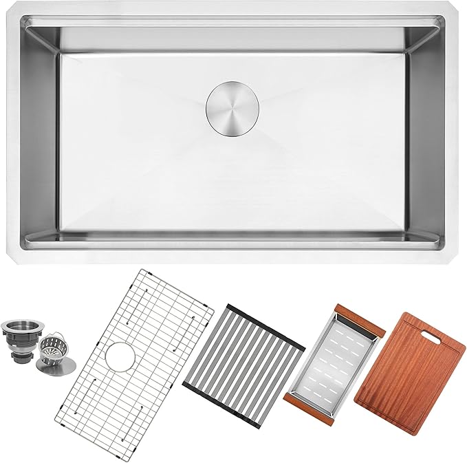 LQS 32 Inch Stainless Steel Kitchen Sink, Undermount 16 Gauge Stainless Steel Kitchen Sink, Single Bowl Kitchens Sinks with Sapele Wood Cutting Board For Family Kitchens, R10 Round Corner