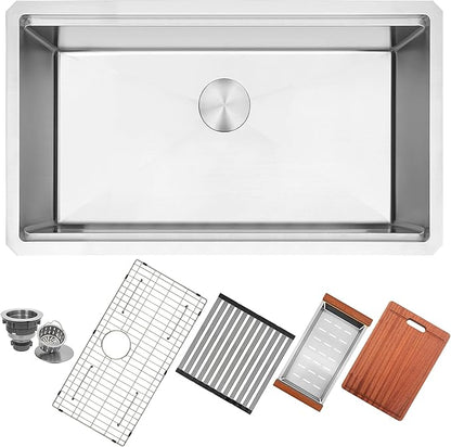 LQS 32 Inch Stainless Steel Kitchen Sink, Undermount 16 Gauge Stainless Steel Kitchen Sink, Single Bowl Kitchens Sinks with Sapele Wood Cutting Board For Family Kitchens, R10 Round Corner