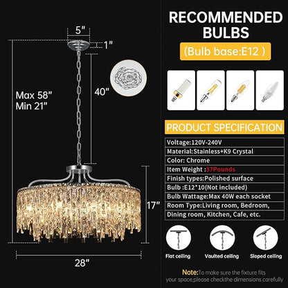 10 Lights Chrome Crystal Chandeliers for Dining Room Light Fixture | D28 Modern Round Crystal Chandelier Over Table | Hanging Lighting for Living Room Kitchen Island Bedroom Bathroom