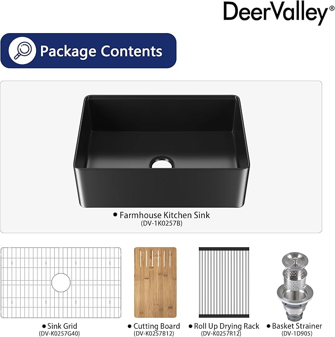 DeerValley Black Farmhouse Sink for Kitchen 30 inch, Fireclay Single Bowl Front Apron Workstation Kitchen Sink with Grid, Strainer & Workstation Accessories