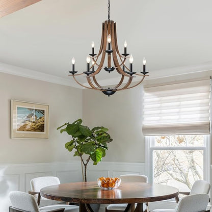 LAMPKEDUO Farmhouse Chandeliers for Dining Room Light Fixture, 2 Tier 9-Light 31" Black with Faux Wood Texture Rustic Adjustable Height Chandelier for Living Room Bedroom Foyer Entryway