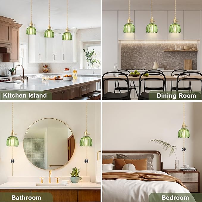 2 Pack Plug in Pendant Light Fixtures, Hanging Light Fixture Vintage Glass Pendant Light, Mini Green Tulip Hanging Lamp, Pendant Lighting for Kitchen Island, Bedroom, Dining Room, Living Room