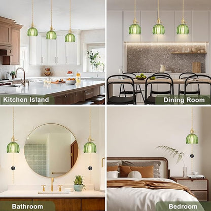 2 Pack Plug in Pendant Light Fixtures, Hanging Light Fixture Vintage Glass Pendant Light, Mini Green Tulip Hanging Lamp, Pendant Lighting for Kitchen Island, Bedroom, Dining Room, Living Room