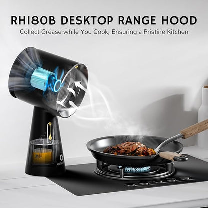 AIRTHEREAL Portable Range Hood with Rechargeable Battery, 3-Speed Suction Desktop Exhaust Fan, Tabletop Smoke Extractor for Indoor BBQ, Hibachi, RV, Apartment, and Dorm, RH180B Black