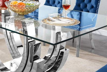 Luxury Silver Glass Dining Table for 6-8 Modern 70" Rectangular Kitchen & Dining Room Table with Stainless Steel Base Large Clear Glass Top Dining Table for Home Office
