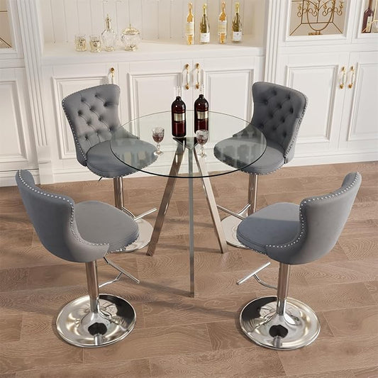 yeag 31.5'' Modern Luxury Glass Bar Table Set for 4, Round Pub Table Cocktail Table and 4 Adjustable Velvet Swivel Barstools Island Chairs for Bistro (Silver Metal Legs, Clear Top + Grey Chair)