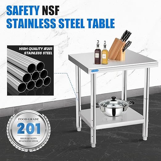 KUARBARR Stainless Steel Table for Prep & Work with Undershelf 18 x 24 Inches NSF Metal Commercial Kitchen Prep Table with Adjustable Under Shelf Worktable for Restaurant Home Outdoor