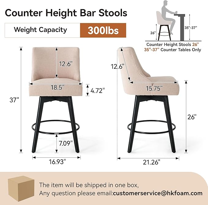 Counter Height Bar Stools Set of 2,Swivel Barstools with Backs and Wood Legs,Linen Fabric Upholstered Counter Stools for Kitchend Island,Mid-Century Modern 26"Seat Height Bar Chairs,Flax Beige