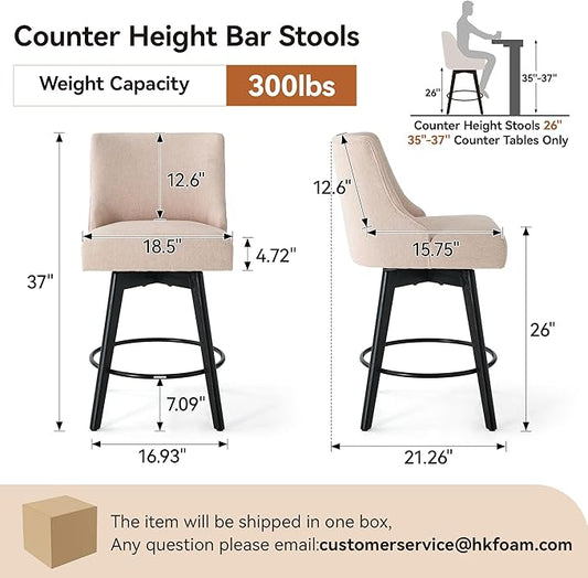 Counter Height Bar Stools Set of 2,Swivel Barstools with Backs and Wood Legs,Linen Fabric Upholstered Counter Stools for Kitchend Island,Mid-Century Modern 26"Seat Height Bar Chairs,Flax Beige