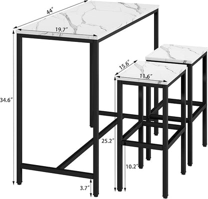 Aklaus Bar Table Set,44" White Faux Marble Top Bar Table and Chairs Set,Counter Height Bartable with 2 Bar Stools,3 Piece Kitchen Breakfast Table for Living Room Dining Room Apartment