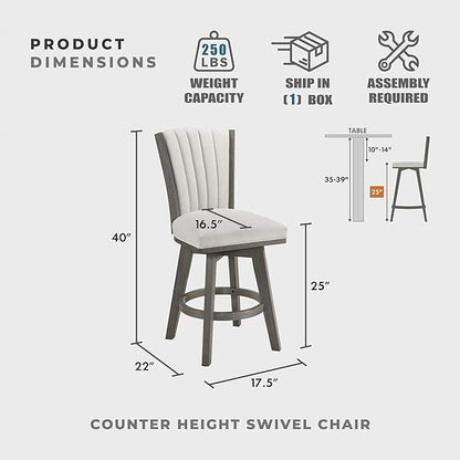 Lexicon Swivel Counter Stools Set of 2, Wood Frame Counter Height Stools with Footrest and Back, for Kitchen Island, Dining Room, 25" SH, Grey Finish and Thick Beige Velvet Cushion Seat