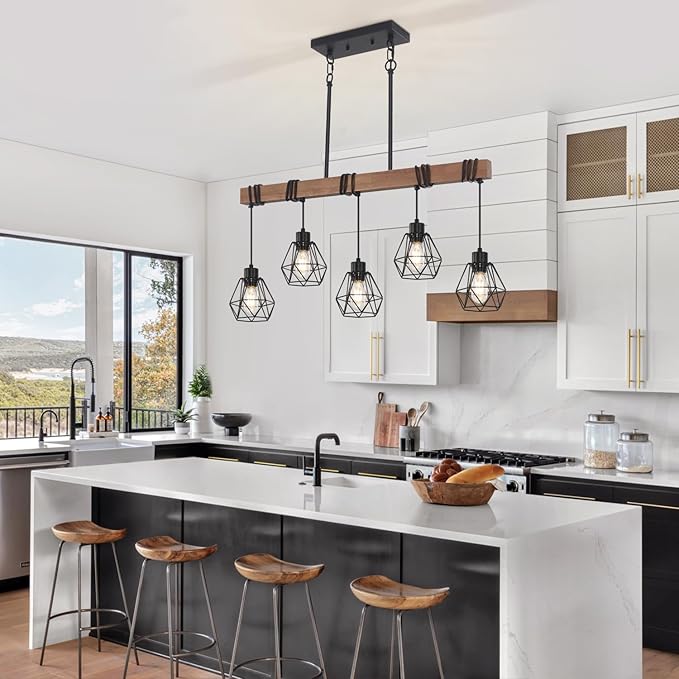 5-Light Kitchen Island Lighting, Farmhouse Chandelier for Dining Room Rustic Wood Ceiling Pendant Light Fixture with Metal Shade, Height Adjustable
