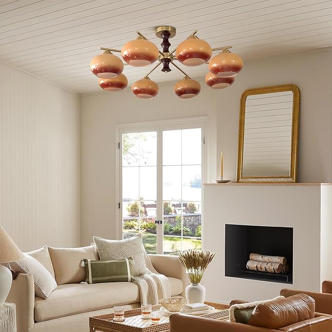 KCO Lighting Wood Gold Flush Mount Light Fixture 8 Light Brass Sputnik Chandelier Ceiling Light Fixture Vintage Schoolhouse Ceiling Light Retro Globe Light Fixture