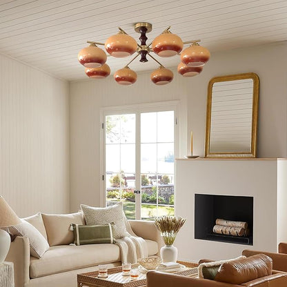 KCO Lighting Wood Gold Flush Mount Light Fixture 8 Light Brass Sputnik Chandelier Ceiling Light Fixture Vintage Schoolhouse Ceiling Light Retro Globe Light Fixture
