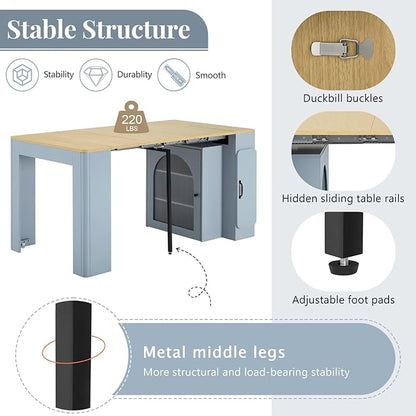 DRIXNO 15.6"-59"L Extendable Dining Table with 3 Removable Leaves, Rolling Kitchen Island Cart with Power Outlet & Storage Cabinet for Small Dining Room, Living Room, or Apartment(Grey-Blue, Natural)