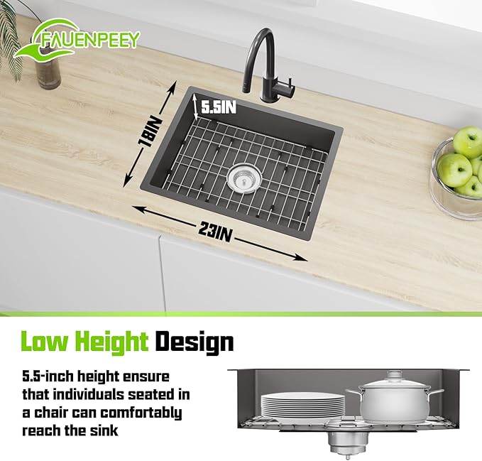 Black Kitchen Sink, 23x18x5.5 Inch Low Height Design Single Bowl Stainless Steel Undermount Kitchen Sink Come With Accessories Ensure Individuals With Limited Mobility Easily Accessing And Using