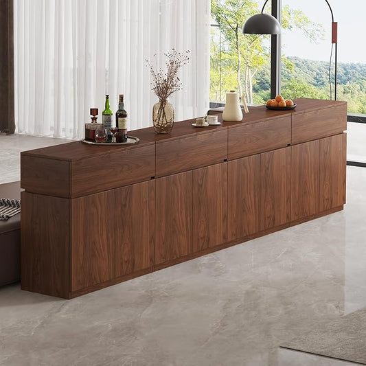 126" Buffet Cabinet with Drawers & Door, Console Table, Set of 4 Modular Stackable Sideboard Coffee Bar Cabinet with Adjustable Shelves, Matte Walnut Storage Accent Credenza for Living Room