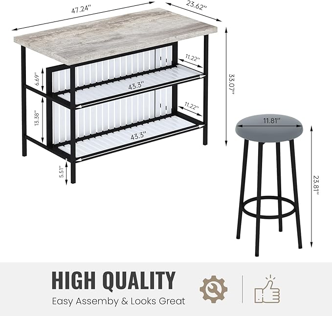 AWQM Kitchen Island with Seating & Storage Shelf, Modern Bar Table and Chairs Set for 2, Wooden Island Table for Kitchen, Dining Table Set for Small Space, Grey