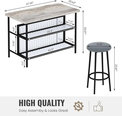 Lamerge 3 Piece Bar Table and Chairs Set, Industrial Bar Table Set with Storage Shelves,Marble Counter Height Island with 2 Bar Stools,Modern Pub Island for Kitchen,Grey