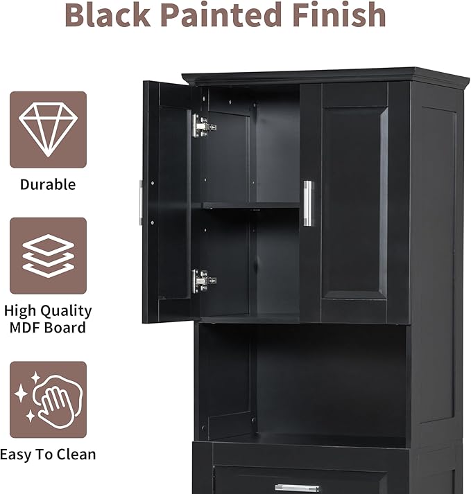 Merax 70" Tall Storage Cabinet with Laundry Hamper, 1 Drawer and Adjustable Shelf, Freestanding for Bathroom, Black