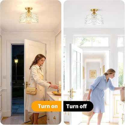 Vintage Gold Semi Flush Mount Ceiling Light Fixture, 3-Light Hallway Light Fixture with Thickened Glass, Close to Ceiling Light for Kitchen, Entryway, Foyer, E12