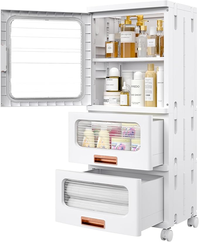 VECELO Narrow Bathroom Storage Cabinet with 2 Drawer, Foldable Storage Organizer with Movable Wheels and Adjustable Shelf for Small Space, Kitchen, Laundry, White