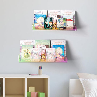 Bakzon 2 Pack Acrylic Shelves for Wall Storage, 15" Floating Shelves, Kids Bookshelf, Nail Polish Holder, Perfume Display Shelf Organizer for Bathroom, Bedroom, Living Room, Iridescent