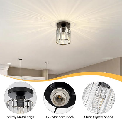 Crystal Ceiling Light, Modern Industrial Semi Flush Mount Ceiling Light Fixtures, E26 Black Indoor Lighting Fixture for Hallway, Entryway, Bathroom, Kitchen, Dining Room, 1-Light
