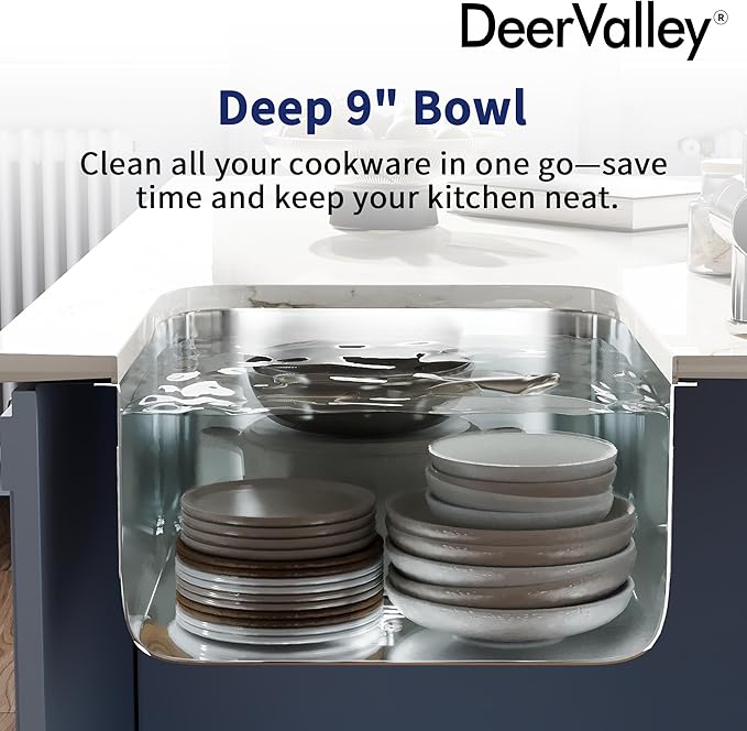 DeerValley 27 Inch Undermount Kitchen Sink 18 Gauge Stainless Steel Kitchen Sink Spacious Single Bowl Sinks with Basket Strainer Curved Shape Round Corner Deep Sinks for Modern Kitchens