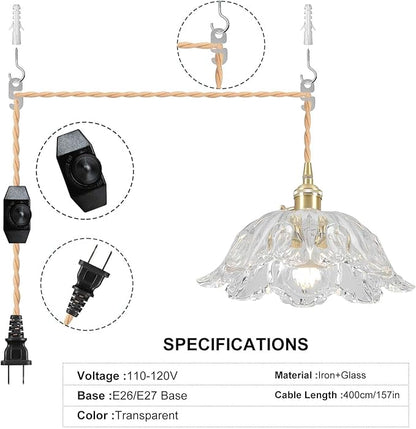 Plug in Pendant Light Fixtures,Hanging Light Fixture Transparent Glass Pendant Light 10.6in E26 Pendant Lighting for Kitchen Island, Bedroom, Dining Room, Living Room