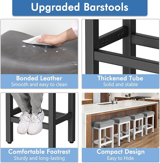 Raynesys Counter Height Bar Stools Set of 2, 24 Inch Barstools for Kitchen Island Counter, Bonded Leather Kitchen Stools with Thick Saddle Seats & Heavy Duty Metal Base, Easy Assembly, Gray/Black