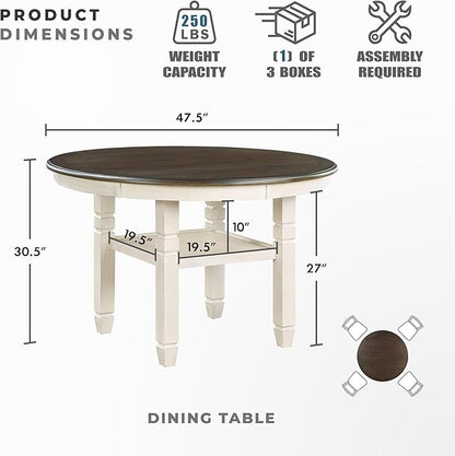 Lexicon Braun 5 Piece Dining Table Set, Dining Room Set for 4, Including 1 Round Kitchen Table with Storage Shelf and 4 Beige Fabric Upholstered Chairs, Antique White/Brown