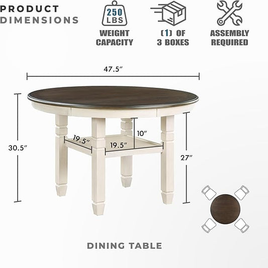 Lexicon Braun 5 Piece Dining Table Set, Dining Room Set for 4, Including 1 Round Kitchen Table with Storage Shelf and 4 Beige Fabric Upholstered Chairs, Antique White/Brown