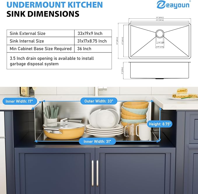 33 Inch Undermount Kitchen Sink 16 Gague Stainless Steel Single Bowl Handmade Sinks Large Deep Under Counter Basin 33"x19"x9"