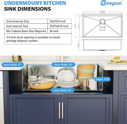 33 Inch Undermount Kitchen Sink 16 Gague Stainless Steel Single Bowl Handmade Sinks Large Deep Under Counter Basin 33"x19"x9"