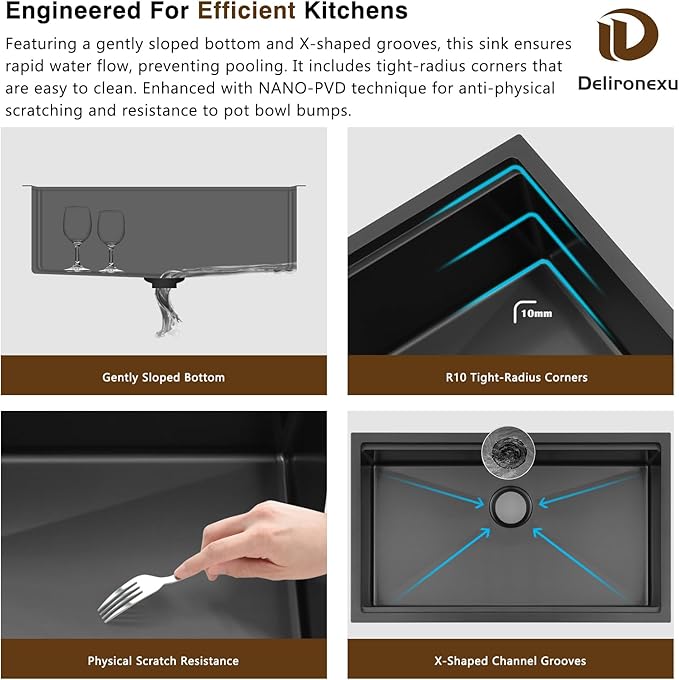 32-Inch Gunmetal Black Undermount Kitchen Sink Workstation - Delironexu 16 Gauge Stainless Steel Deep Single Bowl Kitchen Sinks 32x19x9, Includes Accessories (Pack of 4)