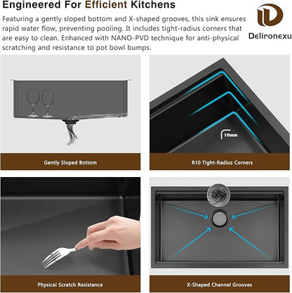 32-Inch Gunmetal Black Undermount Kitchen Sink Workstation - Delironexu 16 Gauge Stainless Steel Deep Single Bowl Kitchen Sinks 32x19x9, Includes Accessories (Pack of 4)