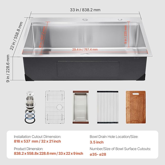 VEVOR Drop In Kitchen Sink 33 Inch Kitchen Sink Workstation, 304 Stainless Steel Top Mount Sinks, Drop-In Single Bowl with Ledge & Multiple Accessories Sink for RV, Prep Kitchen, Bar 33 x 22 x 9inch
