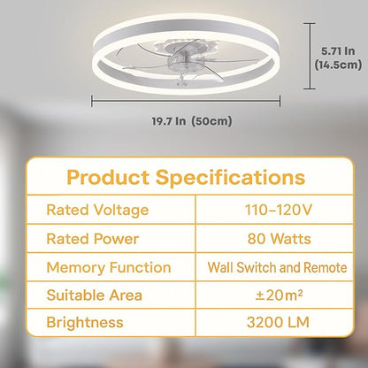 Fszdorj Ceiling Fan with Light, Upgraded 20‘’ Low Profile Fan, Flush Mount Ceiling Fan, 6 Speeds, Dimmable LED, App & Remote Control, Quiet DC Motor, for Bedroom, Living Room, F105 White