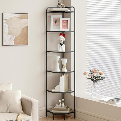 Hzuaneri Corner Shelf Stand, 6-Tier Glass Bookshelf Bookcase, Bathroom Organizer, Plant Stand, Steel Frame, Tempered Glass, Modern Style for Living Room, Bathroom, Kitchen, Black CS90600B