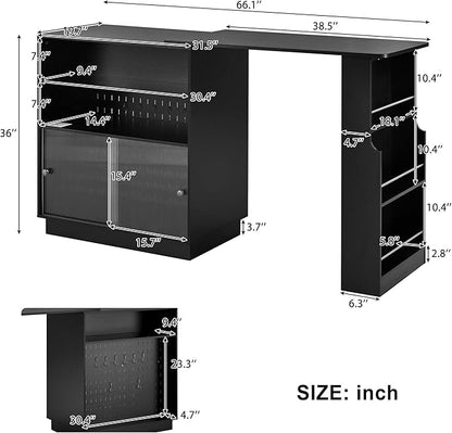 Modern Counter Height Dining Table,Extendable Kitchen Island & Buffet with Acrylic Sliding Doors,Pegboard,Half-Open Storage Shelves,Aluminum Alloy Handles (Black-MC)