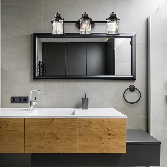Globe Electric 51549 5-Piece All-in-One Bathroom Set, Oil Rubbed Bronze, 3-Light Vanity Wall Light with Ribbed Seeded Glass Shades, Towel Bar and Ring, Robe Hook, Toilet Paper Holder