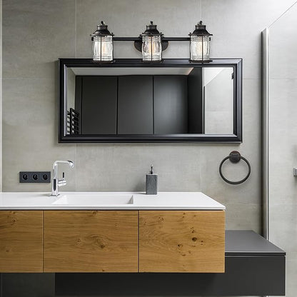 Globe Electric 51549 5-Piece All-in-One Bathroom Set, Oil Rubbed Bronze, 3-Light Vanity Wall Light with Ribbed Seeded Glass Shades, Towel Bar and Ring, Robe Hook, Toilet Paper Holder