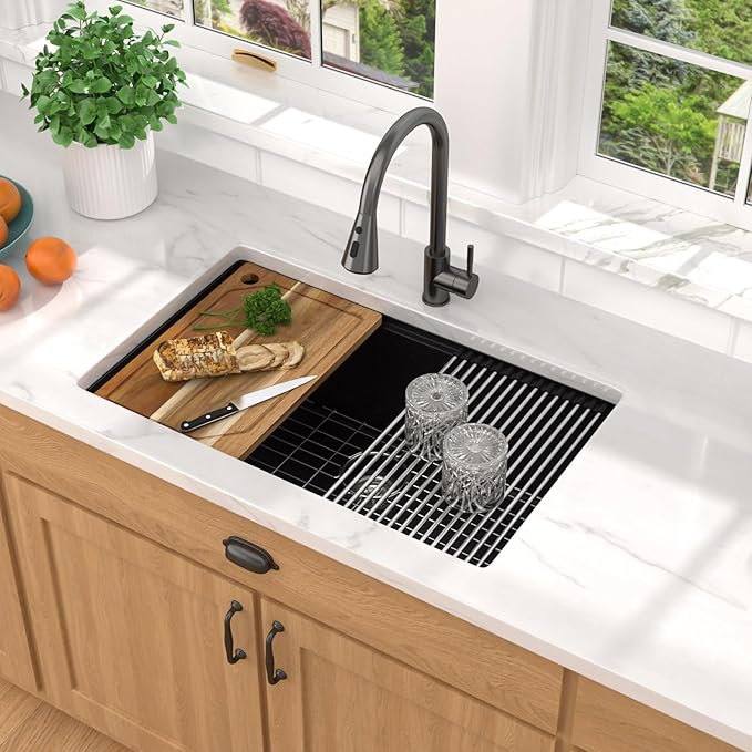 28 Inch Granite Composite Kitchen Sink - Matte Black Undermount Granite Kitchen Sink, Workstation All-In One Classic Quartz Single Bowl Sinks Basin, 28"x19" #TLGU-103
