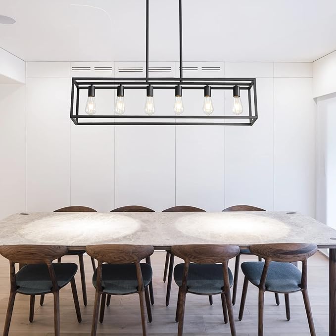41'' Dining Room Light Fixture, 6-Light Black Chandeliers for Dining Room, Linear Kitchen Light Fixtures, Modern & Farmhouse Style, Rectangle, Height Adjustable (E26, Metal)