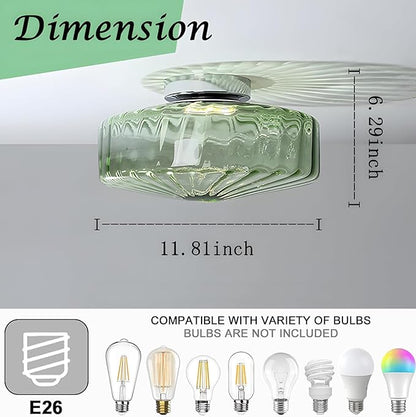 Bofea-Modern Green Ceiling Light Fixture Vintage Glass Flush Mount Ceiling Light Farmhouse Semi Flush Mount Lights Fixtures with Drum Glass Shade,Green Flush Lamp for Hallway Bedroom Foyer Bathroom