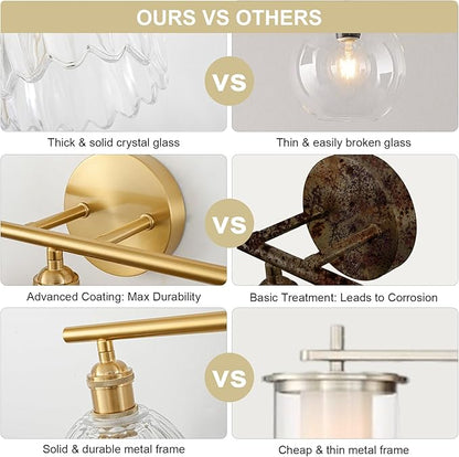 Gold Bathroom Light Fixtures Over Mirror, 3 Light Bathroom Vanity Light Fixture with Tulip Transparent Glass Lampshade, Vintage Vanity Lights for Bathroom, Bathroom Vanity Lights Over Mirror