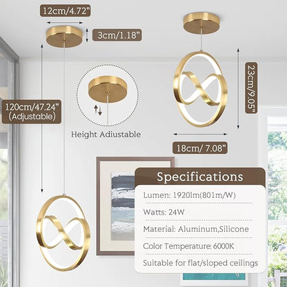 Modern LED Pendant Lights Kitchen Island, 6000K LED Chandelier Adjustable Height Gold Hanging Light Fixture Island Lights for Kitchen Dining Room Cafe Table, 1Pack
